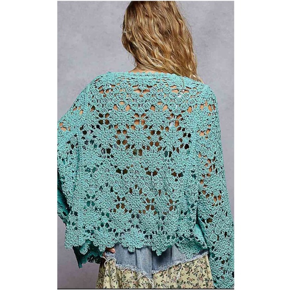 POL Teal Blue Chenille Bell sleeve Scallop hem Semi Sheer Top - Picture 3 of 5